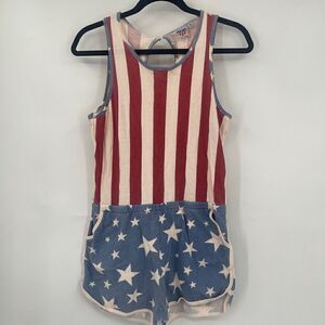 Junk Food Women's Patriotic Americana Elastic Waist Short Romper with Pockets S